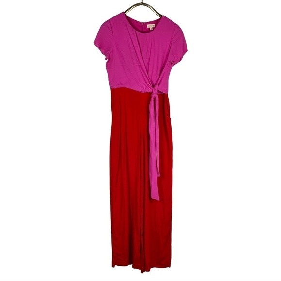 MAISON JULES COLORBLOCK PINK RED SHORT SLEEVE DRAPED TIE JUMPSUIT - Picture 2 of 16